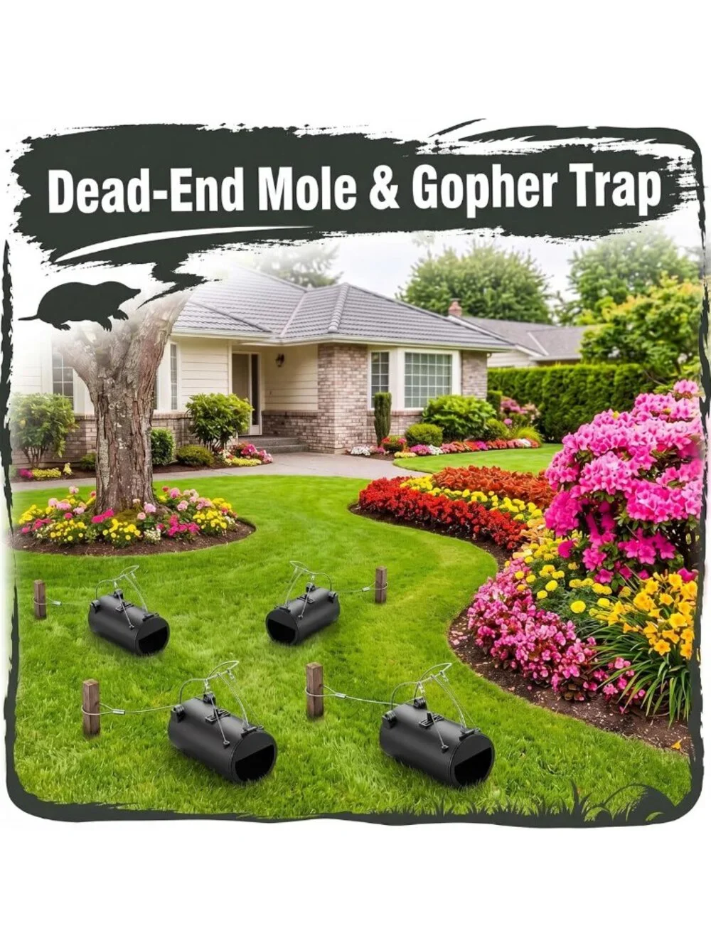4 Pack Reusable Black Hole Gopher Traps with Leash - Outdoor Rodent Control for